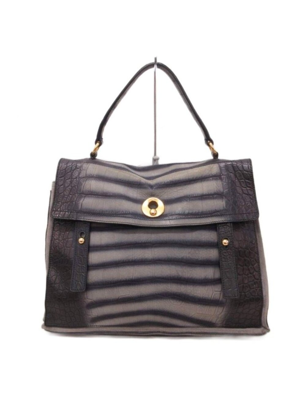 Saint Laurent Rive Gauche Muse Two Handbag Croco Embossed Leather Gray